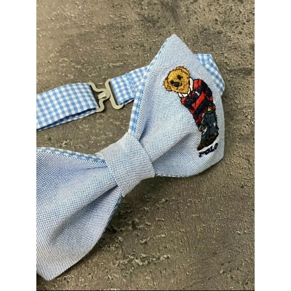NEW Mens Preppy College Bear Bow tie Custom‎ Blue Pre Tied Adjustable Gift